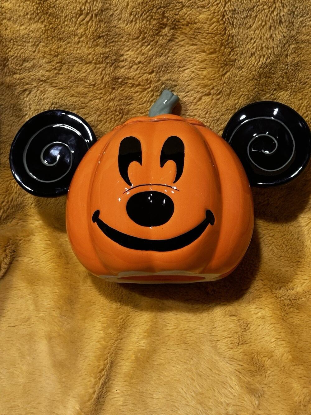 Disney HALLOWEEN Mickey Mouse Large Ceramic Pumpkin COOKIE JAR Swirl Ears New